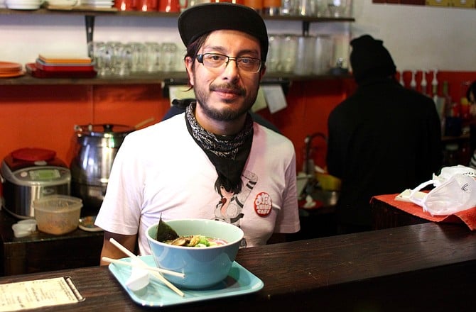 Javier Zamorano, wearing a “Knights of Sidonia” shirt, presents his popular ramen