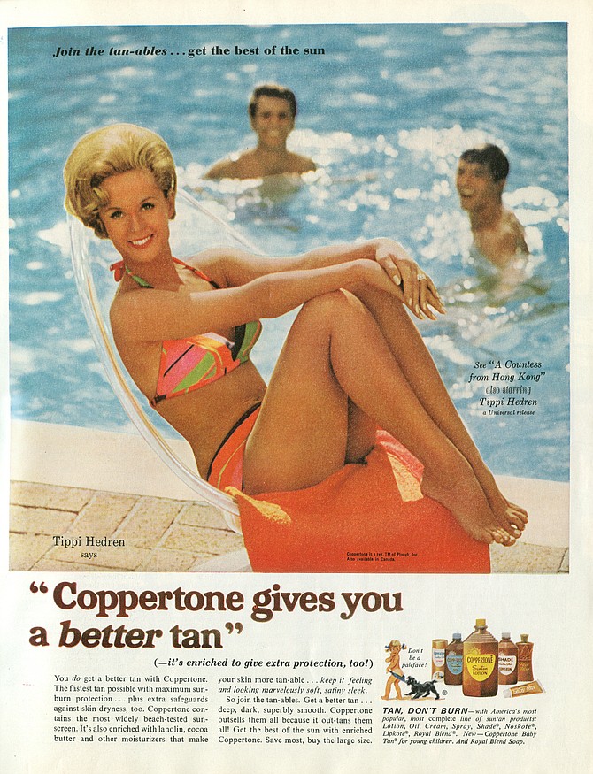 Soon after Alfred Hitchcock transformed her into an international star and not long before badmouthing the Master became ‘Tippi’ Hedren’s life’s ambition, the icy, unattainable tan-able paid the rent by modeling sun tan oil in this 1967 ad for Coppertone.
