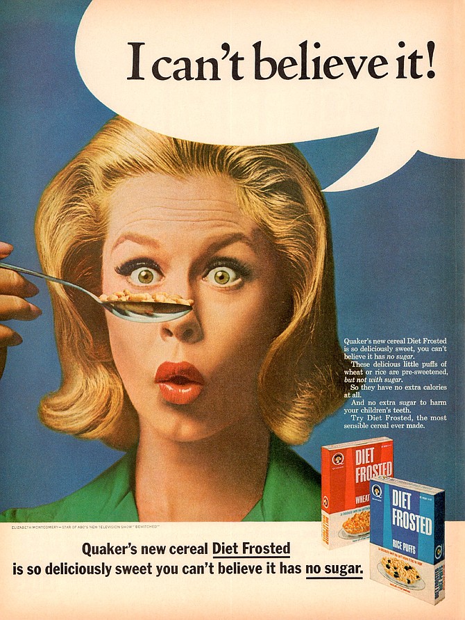 Harder to swallow than two Darrens. Elizabeth Montgomery, star of TV's "Bewitched," for Quaker's Diet Frosted Cereal. 1964.