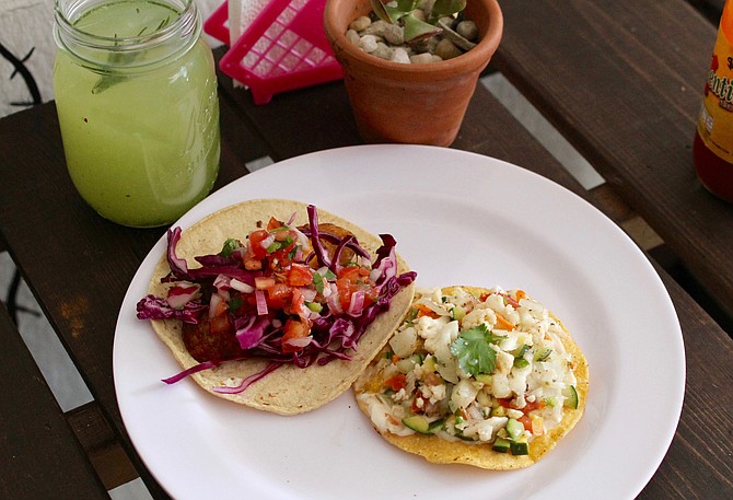 Vegan fish taco, vegan ceviche tostada, and a cucumber-flavored water