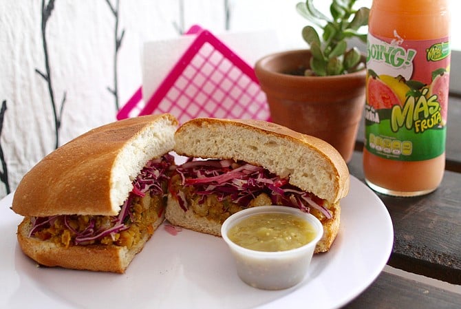 Chickpea torta and a guava Boing! drink