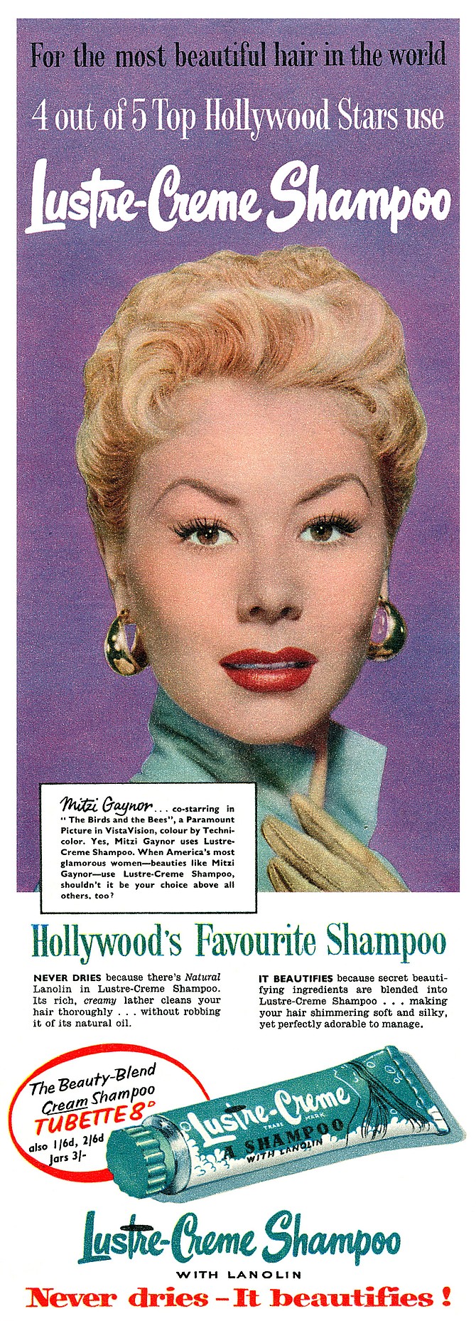 San Diego's own, Mitzi Gaynor, uses Hollywood's favourite shampoo, Lustre-Creme with Lanolin. Shouldn't you? 1956.