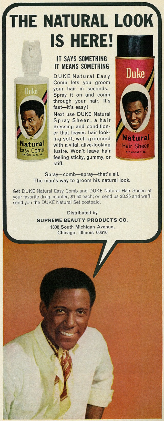 They say this Duke Hair Sheen is for bad mothers. Richard Roundtree for Supreme Beauty Products. "Ebony," January 1968.