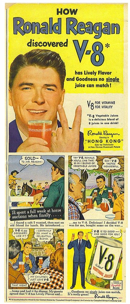 "Hey, bartender! Gimme four bloody Mary's!" Ronald Reagan for V8 Vegetable Juice, 1952.