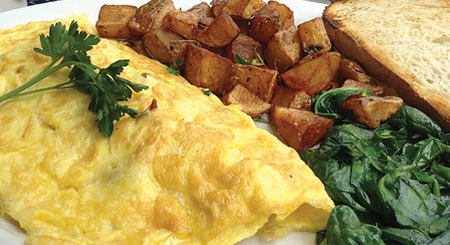 The meat-lover’s omelet. The great discovery is sautéed spinach.