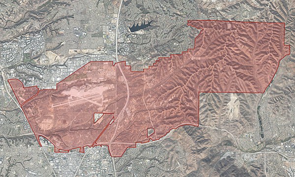 Map of MCAS Miramar. The red shaded area is federal government property.