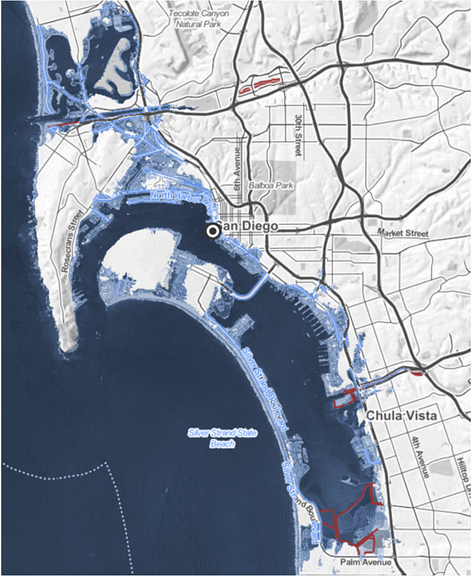 The light grey areas of San Diego will be under water with a 10-foot sea rise.
http://ss2.climatecentral.org/#12/32.6826/-117.1479?show=satellite&projections=0-RCP85-SLR&level=10&unit=feet&pois=hide
