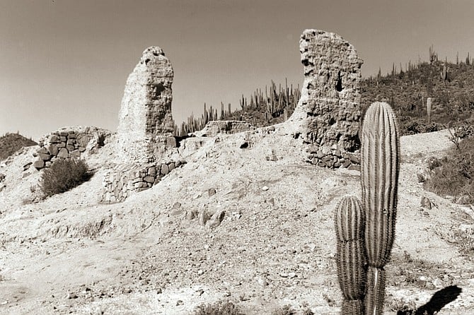 Adobe and stone ruins of Mission San Fernando Velicata located south of El Rosario in central Baja California.