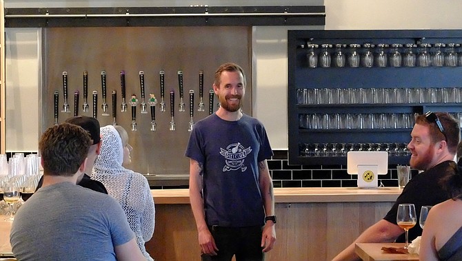 Mikkeller owner Mikkel Borg Bjergsø discusses Beer Geek Breakfast during opening weekend festivities at Mikkeller San Diego.