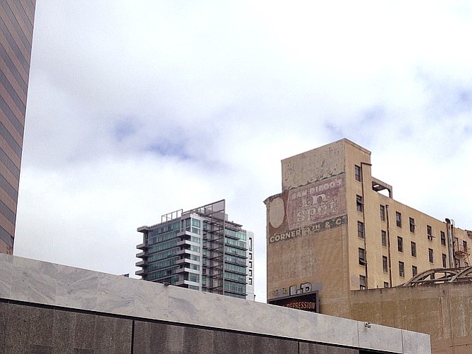 The “In Spot” sign is located on the north façade and reads “Barbary Coast, San Diego’s In Spot, Corner 4th and C.” It was painted in the 1960s/1970s for the Barbary Coast Tavern (closed in the 1970s).
