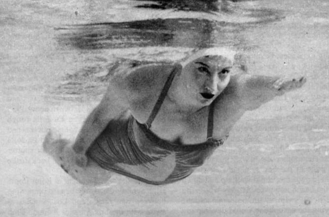 Florence Chadwick, Las Vegas, 1952. Covered with six pounds of grease, Chadwick set out in 1960 to become the first woman to swim the twenty-two-mile-wide North Channel of the Irish Sea. Her crew informed her later that they could tell she was freezing. A crewmember jumped in the water to push her into the boat. She refused to go.