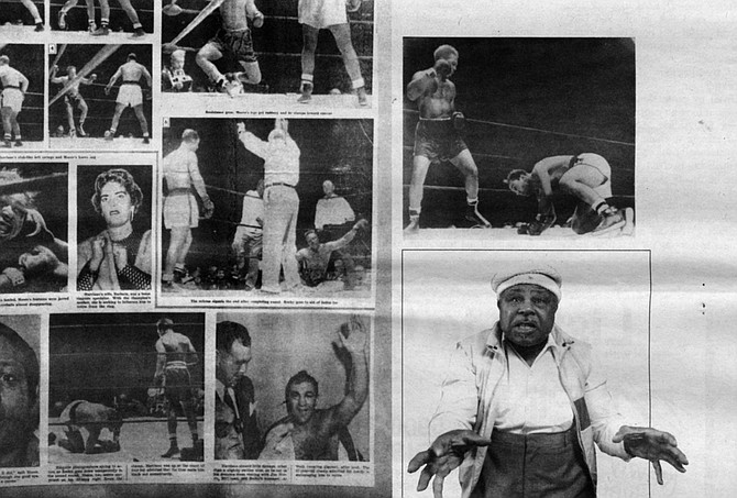 Moore's scrapbook. The pictures are grainy black-and-white blowups, the kind of old boxing photos in which the white fighters have pale spud bodies. Moore knocking Yolande Pompey senseless in London. Moore standing over a decked Rocky Marciano.