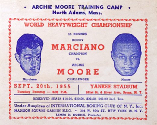 Rocky Marciano vs. Archie Moore, Sept. 20, 1955. Although Moore lost that 1955 heavyweight title fight to Marciano in a ninth-round knockout, boxing enthusiasts still debate the match.
