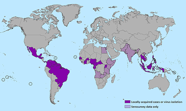 Centers for Disease Control and Prevention map of Zika distribution (as of January 15, 2016)