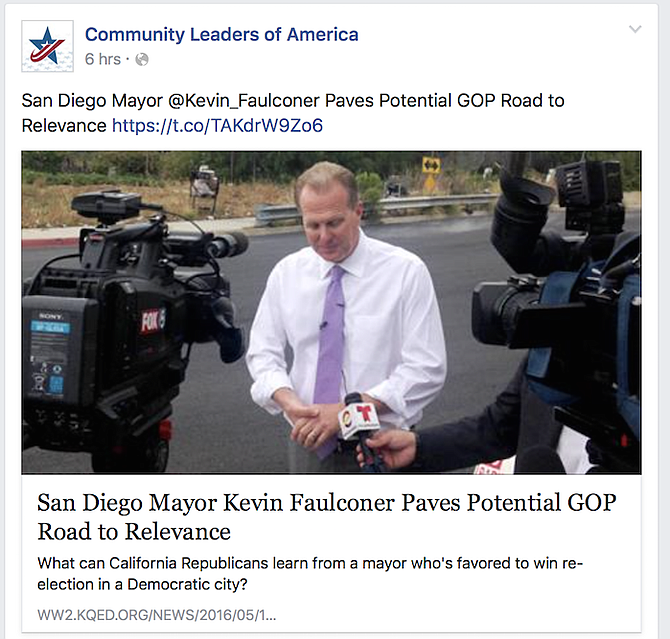 A Faulconer boost from San Francisco public TV station KQED and a Voice of San Diego editor