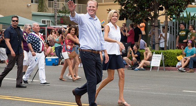 San Diego mayor Kevin Faulconer and his wife Katherine Stuart at the 2014 San Diego LGBT Pride Parade