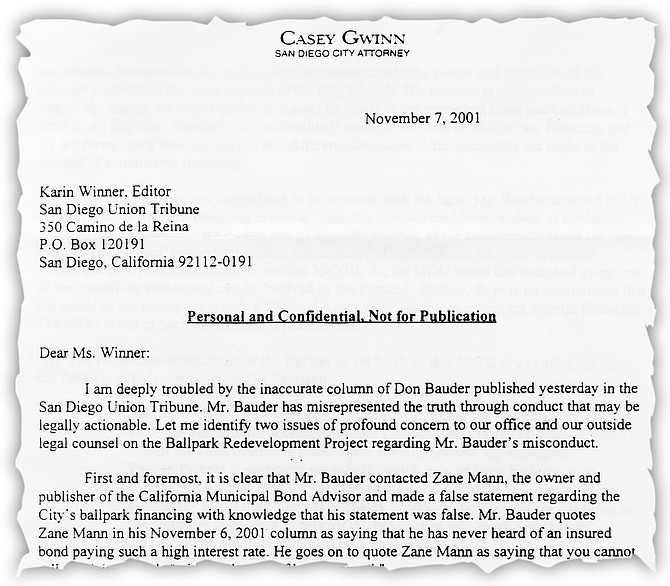 Letter from Casey Gwinn to Karin Winner