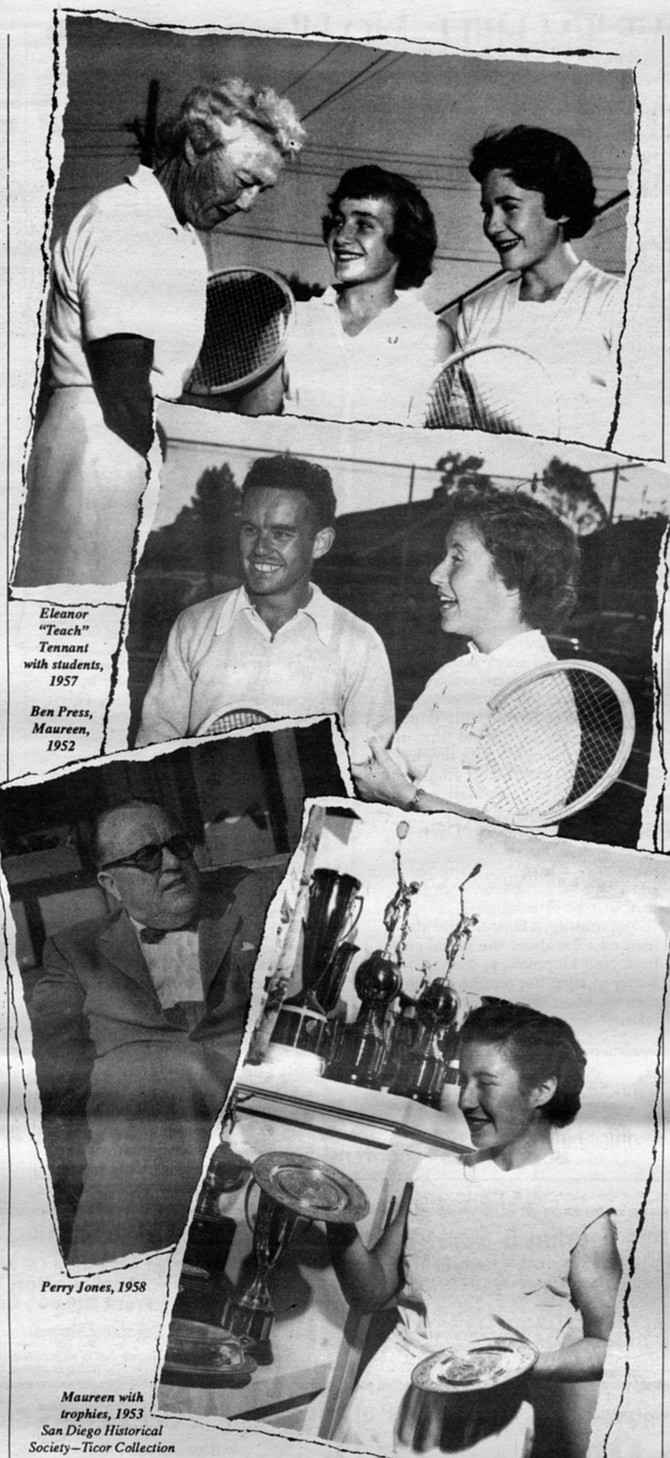 Top: Eleanor "Teach" Tennant with Students, 1957
Top Middle: Ben Press, Maureen, 1952
Bottom Middle: Perry Jones, 1958
Bottom: Maureen with trophies, 1953
San Diego Historical Society—Ticor Collection