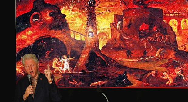 Former President Bill Clinton warns of the coming inferno if San Diegans fail to heed his warning and vote for his wife Hillary. “For the prophet Bernie is a false prophet, who honors no God but himself, and the Donald is a false God with no love for His people."