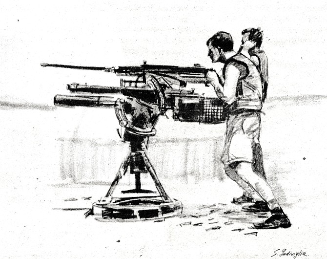 Lt. (jg) Herbert manning a 50 caliber and 81mm mortar; ink sketch. "I take certain liberties to keep it fluid, elastic."