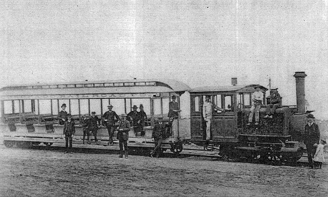 Coronado railroad, c. 1910. A train that came over to Coronado every Thursday. It came around the strand and down Pomona. They turned on First Street and went to North Island, carrying supplies for the Navy.