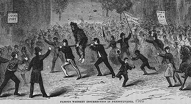 “Famous Whiskey Insurrection in Pennsylvania,” an 1880 illustration of a tarred and feathered tax collector being made to ride the rail