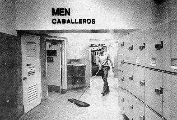 Blue-uniformed Greyhound janitors push brooms hourly over the tiles, politely asking passengers to move their feet.