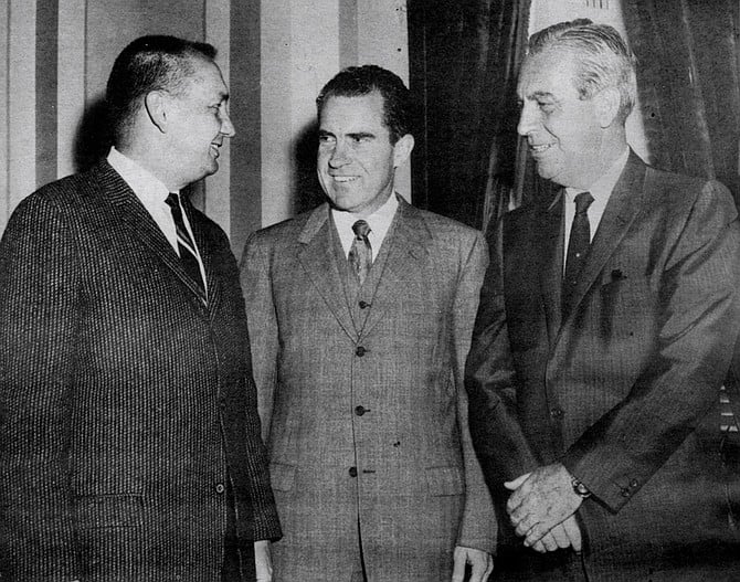 Congressman Bob Wilson, Richard Nixon, Smith c. 1960. I took him and Mrs. Nixon out on the boat several times when he had meetings in San Diego. We had a good-sized boat at that time, and I remember we’d take her out in the bay. We didn’t bother her, just let her sit and read.