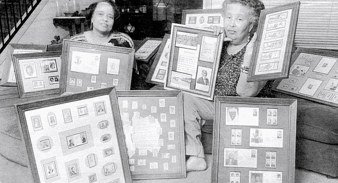 Miriam Nason and Margy Davis of M&M Philately specialize in stamps honoring African-Americans. Most of the stamps are foreign. "Jesse Owens, Joe Louis, Muhammad Ali, Michael Jackson, Paul Robeson." 