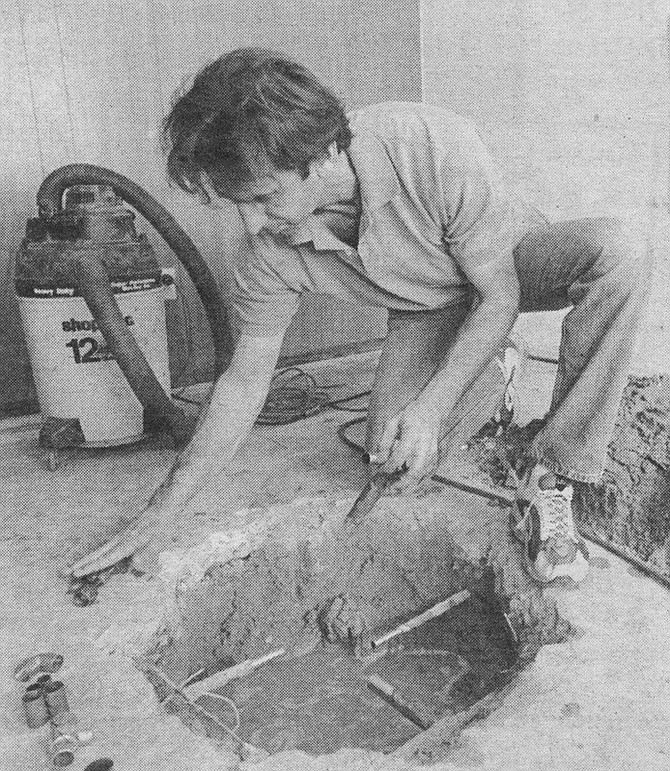 Steve Garber fixing a slab. If a building is to be sold, the toilet, installed in 1988, must be replaced with a 1.6-gallon model and the faucet in the bathtub must be above the floodline of the bath to prevent “gray” water being siphoned back into the potable water supply. 