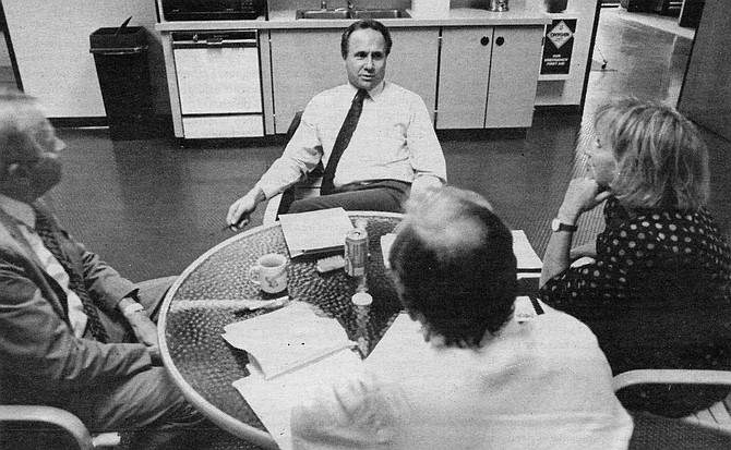 Planning session at KUSI with Van Deerlin, Reagan, Paul Beaver and Danuta (left to right)