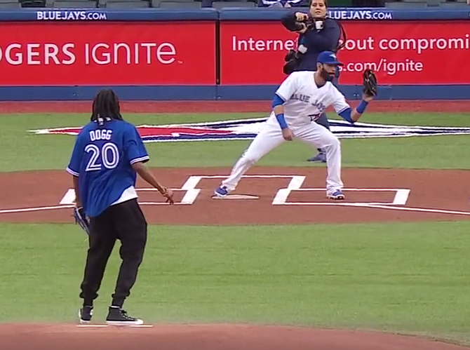 June 9, 2015: Dogg goes just a bit to the right for the Toronto Blue Jays.