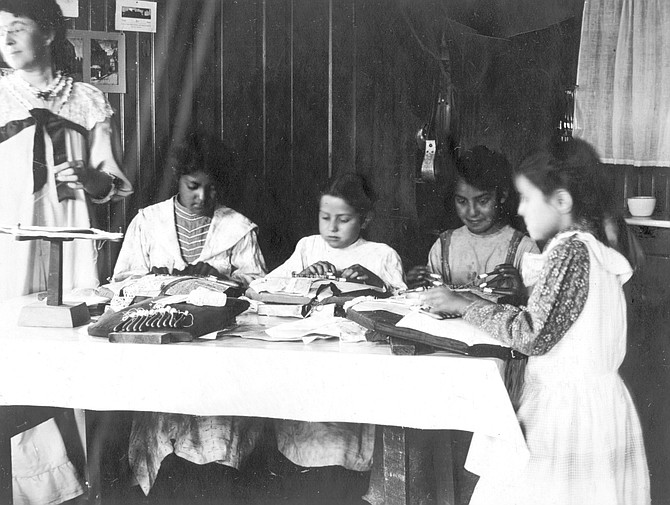 Girls making bobbin lace at Mesa Grande, 1900