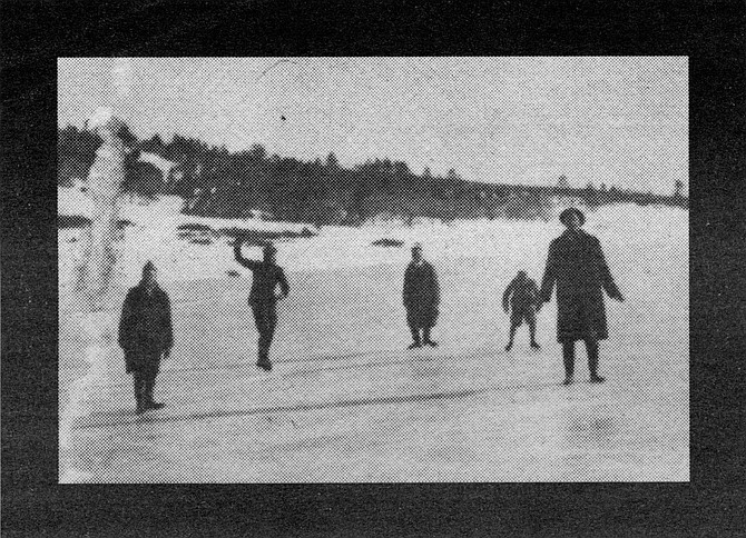 Harry Taylor, Ed Jr., Charlie, Lawrence, and Ed Sr, skating on Cuyamaca Lake, 1916
