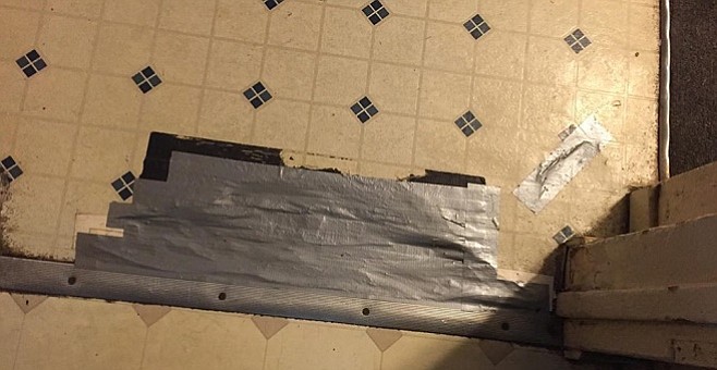 Linda Vista renter Susana Garcia shares photos of damages to her home, including damaged vinyl flooring patched with duct tape