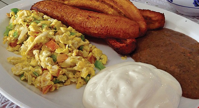 Breakfast plate with Salvadoran favorite, fried plantains