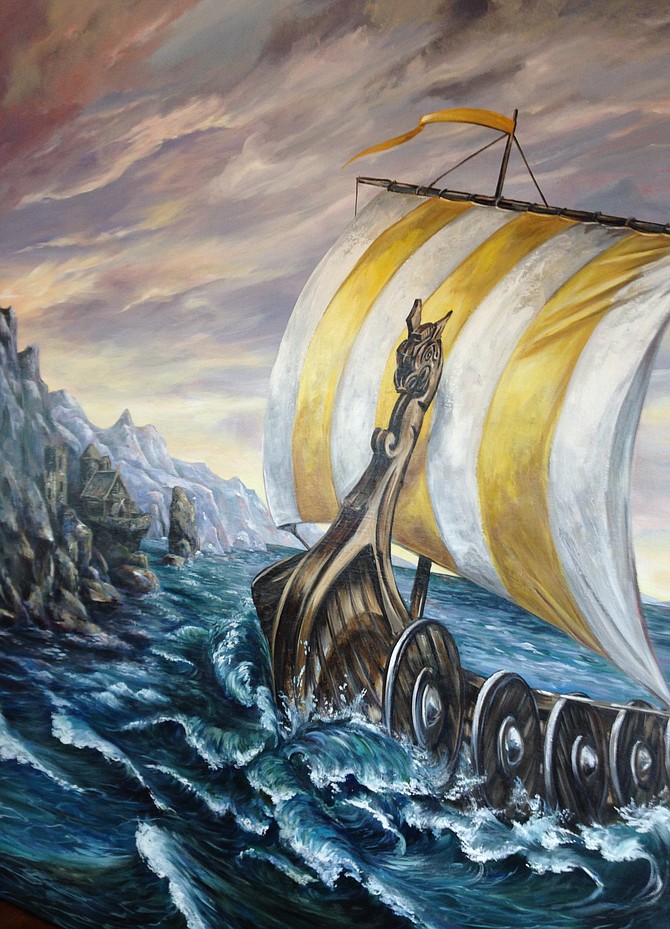 Local artist Robin Golden painted this Viking vessel to decorate the walls of Longship Brewery. 