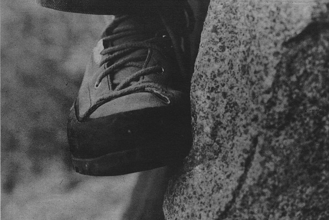 Typical rock climbing shoes. On a steep rock face of Stonewall Peak in the Cuyamaca Mountains south of Julian, my instincts told me to lie flat and hug the rock; it is exactly the wrong thing to do.