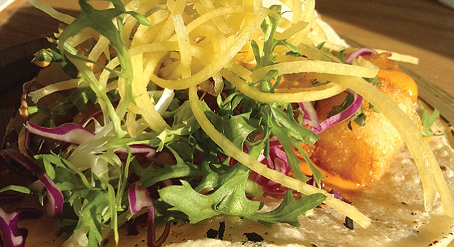 Market Hall's Baja shrimp taco: yellow “thread” is carrot