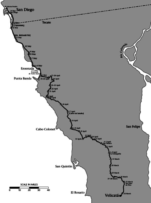 Rivera's trail to San Diego, followed by Portolá/Serra party, 1769. "Serra was constantly bitching about how Rivera wouldn’t cooperate when they wanted to found a new mission."