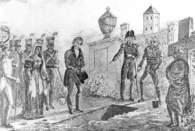 Burial of James O. Pattie on Presidio Hill. Governor Echeandia of San Diego “looked upon the Americans as being worse than thieves and murderers.” He tore up their passports and put them in a dungeon.