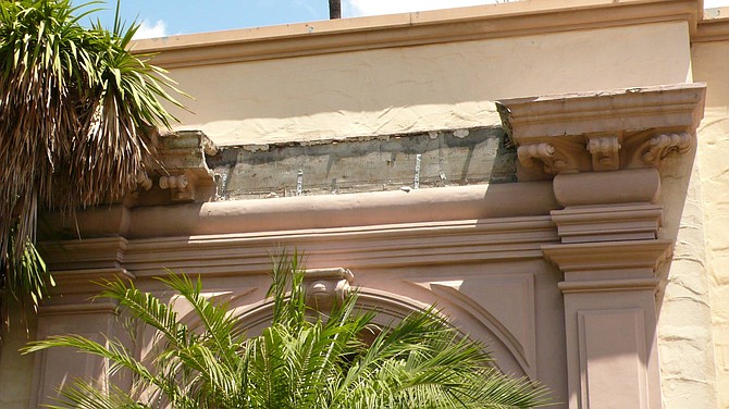 Decorative molding produced in the 1970s is failing throughout the Park. (Photo courtesy of Balboa Park Heritage Association)