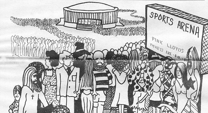 Drawing of fans waiting for a concert to begin