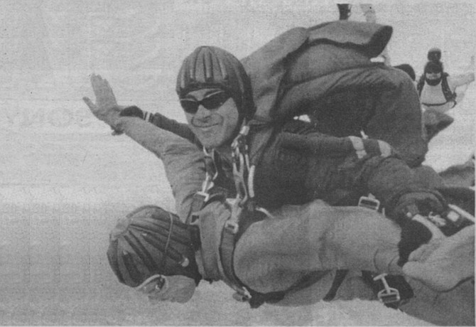 The author (face down) and Tim Ige. "I grab my jumpsuit, where I think the ripcord handle should be, but it’s not there."