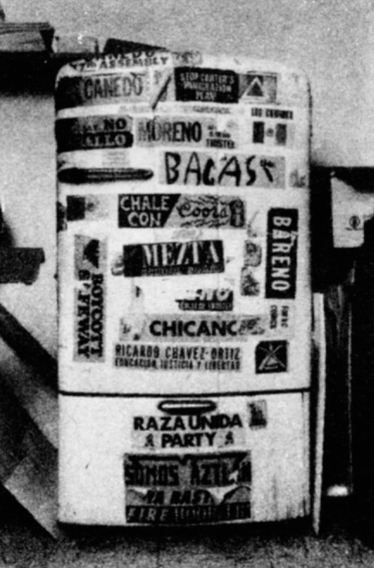 Baca's fridge. Baca belongs to an unofficial party that exists only in name: La Raza Unida.