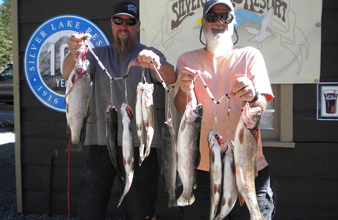 Chris Stanley of San Diego and Steve Archer of Anaheim had a great week fishing on Grant lake hauling in this amazing stringer of Rainbows weighing 3# 3 oz, 3# 12 oz, 3# 8 oz, 3# 4 oz just to name a few all caught using Berkley Mice Tails
