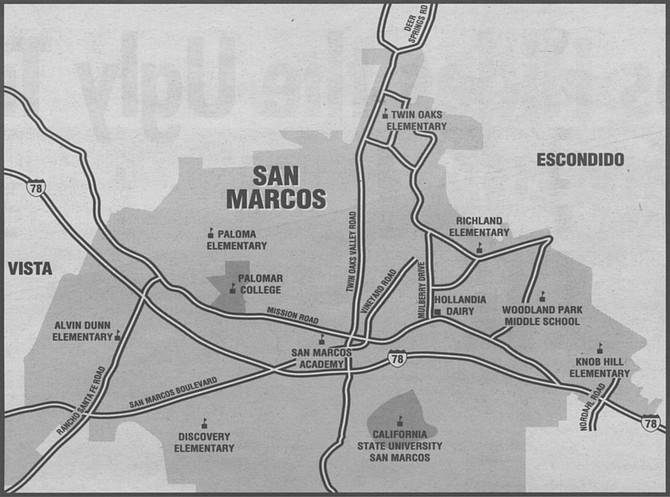 Nordahl Road marks the easternmost boundary of what seems like San Marcos and not Escondido. Rancho Santa Fe Road marks the difference between Vista to the west and San Marcos.