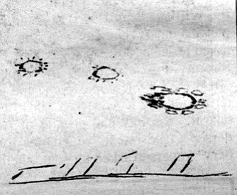 Drawing by anonymous eyewitness. The UFO researcher told her wearily that she was probably seeing Venus and Jupiter.