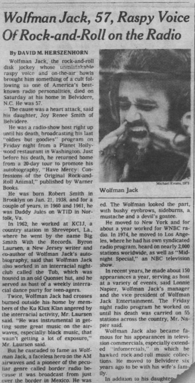 Wolfman Jack obit in the New York Times, July 3, 1995