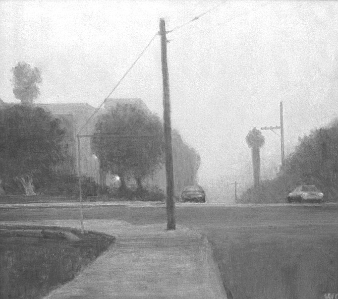 Dove Street by Wade Cline. There are two light sources — one from the mist-clad taillights, the other from a porch light just visible behind a tree.